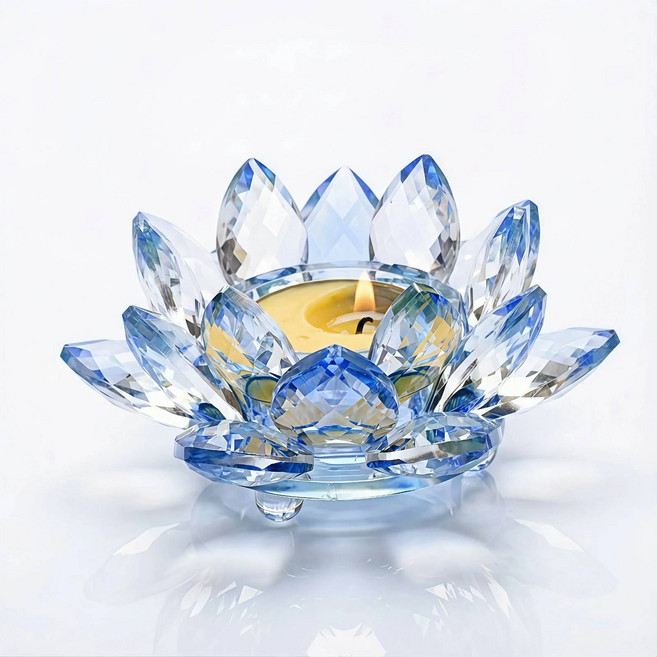 昱晶閣 水晶酥油蓮花燈座 藍色 佛教供燈蠟燭台 莊嚴供佛用品 外徑12公分, 藍色 (現貨), 1個