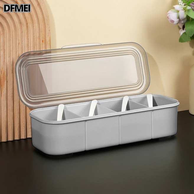 DFMEI 廚房調料盒組合佐料套裝透明家用食品級調味料盒多格一體收納盒子, 簡約四格調味盒(灰)裝箱36:参考详情, 1個