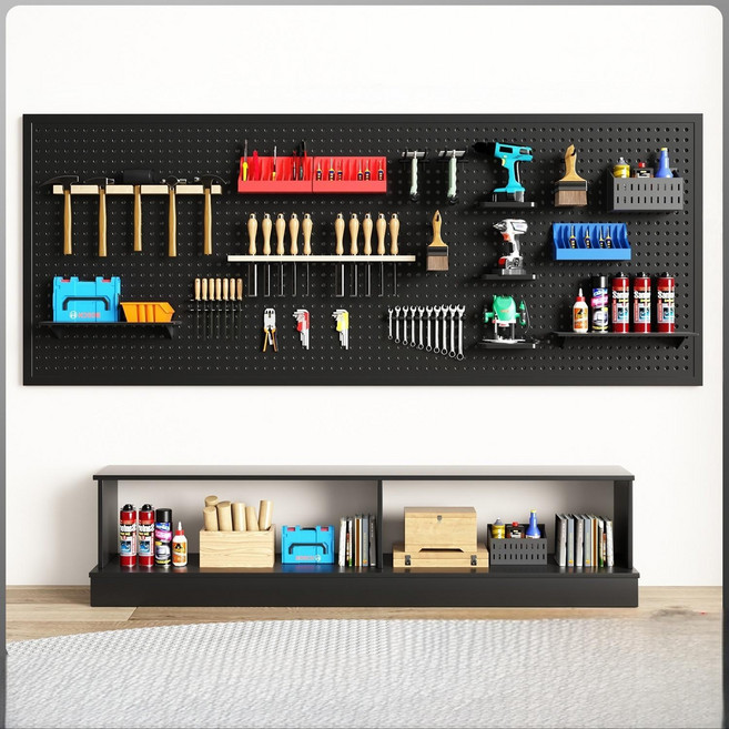 600 x 1500 mm 타공판 선반 철제 타공보드 원형 타공판보드 타공판진열대 페그보드 수납 20개후크 포함, 1개, 블랙