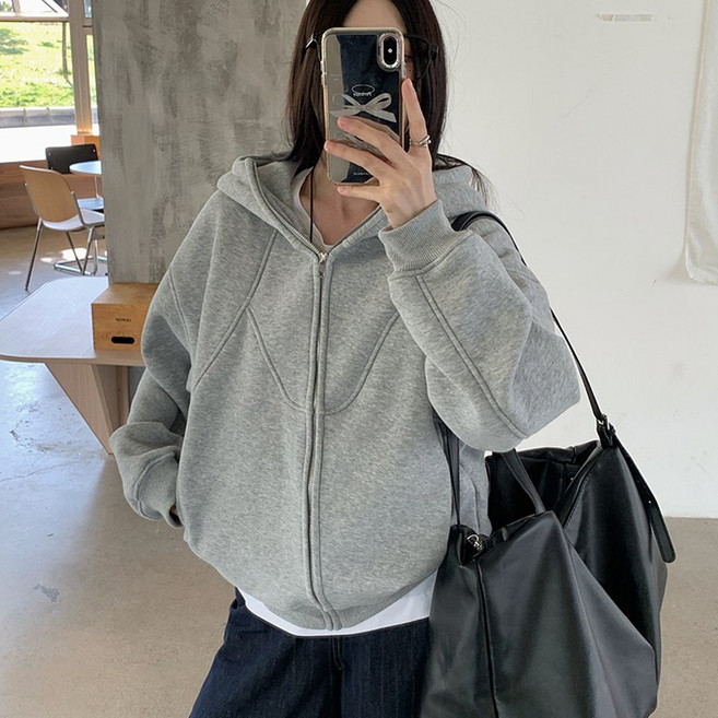 여성용 가을겨울 후드 집업 점퍼 도톰한 기모 안감 단색 캐주얼 아우터 따뜻한 보온성 루즈핏 데일리룩 오피스룩 편안한 착용감 하이웨스트 팬츠와 코디 가능