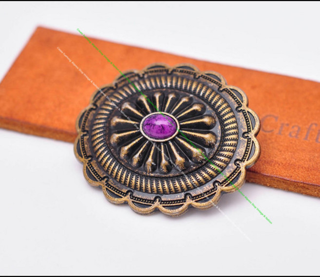 가죽 공예 헤비 웨스턴 터키석 전통 꽃예술 말 새들 긴 나사가 있는 마대 콘초 패스너 44x38mm 6 개, [07] Purple  Bead