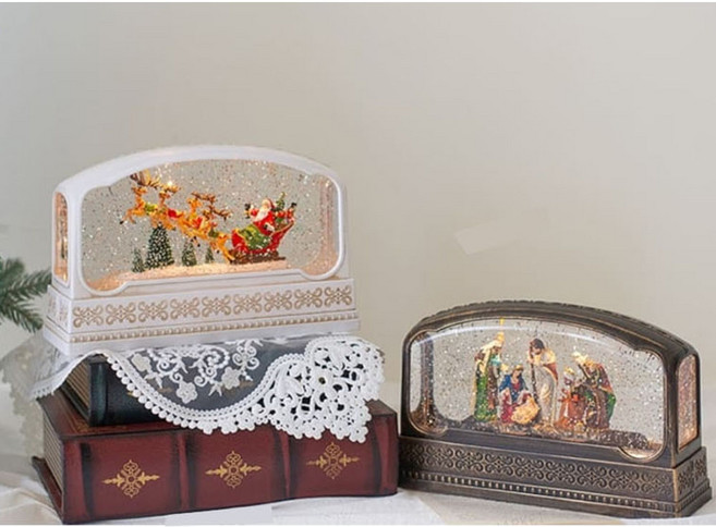 엔틱 라운드형 오르골 워터볼 스노우볼 크리스마스선물 LED조명 무드등, 화이트-산타