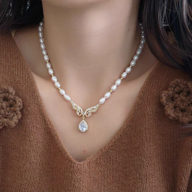 NXNA 14K 골드 천연 담수진주 목걸이 다이아몬드 리본 지르콘 크리스털 펜던트 장식 수입 핸드메이드 고급 데일리 도금 액세서리 선물용 CS-XL030