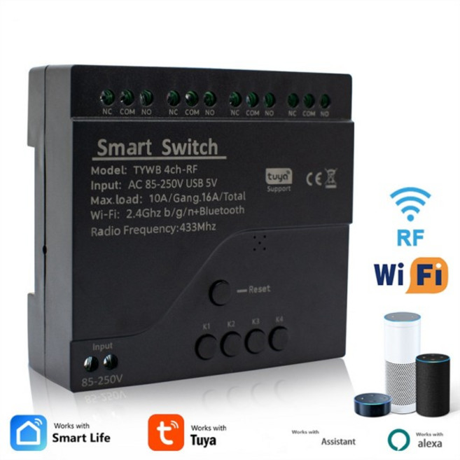 APPLIA-Tuya 4채널 Wifi 스마트 릴레이 스위치 모듈 액세스 제어 스위치 APP RF 원격 제어 433M Alexa Goog, 01 Black