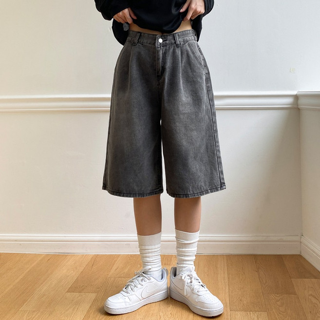 잇진 여성 빅사이즈 2단기장 워싱 핀턱 버뮤다 와이드 청반바지 데님 팬츠