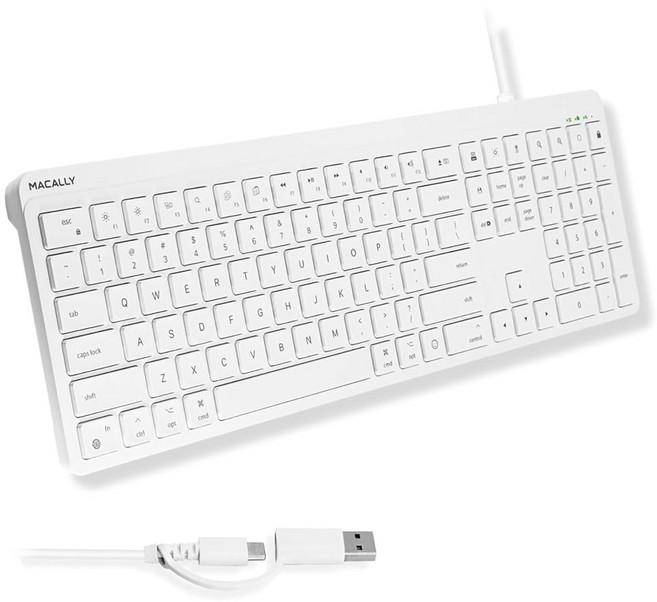 MACALLY 맥용 USB C 유선 키보드 사이즈 블랙 조용한 맥북 아이맥 (USB 22개의 타이핑 단축키가 있는 키보드 + 맥미니 A) 풀, 236411 Macally 맥용 USB C 유선 키보드, 화이트.