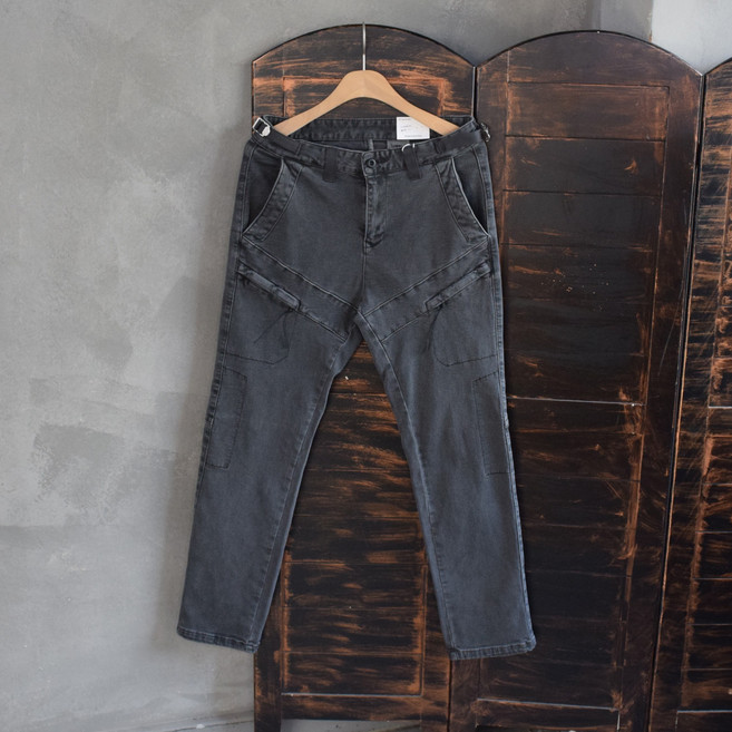 헬보이 기모 바지 고퀄리티 남자 슬림 스판 유니크 절개 지퍼 카고 피그먼트 워싱 겨울 팬츠