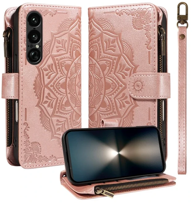 소니 엑스페리아 1 VIII 10 5 V III용 가죽 지퍼 지갑형 손목 스트랩 폰 케이스패턴 카드 홀더 커버, 06 Sony Xperia 5 V, 03 Rose Gold