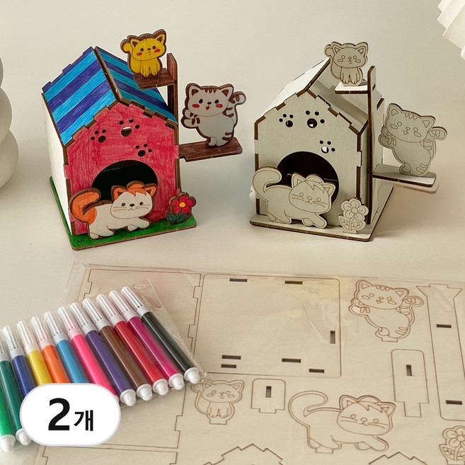 우드 아트 색칠 놀이 만들기 세트 DIY 미술 재료 키트 단체 체험 선물, 2개, 고양이
