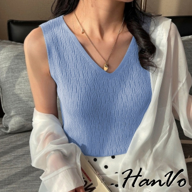 HanVo V領鏤空薄針織背心 春夏波浪紋透氣簡約針織上衣 韓系女裝