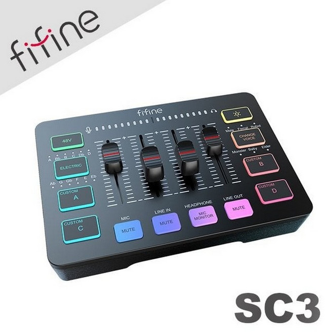 FIFINE SC3 RGB 音訊混音器 USB 直播聲卡, 1個, 黑色