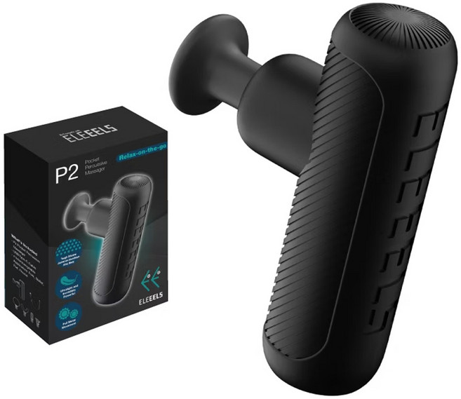 ELEEELS P2 口袋型筋膜按摩槍 四款按摩頭 四檔變速 深層肌肉放鬆, 黑