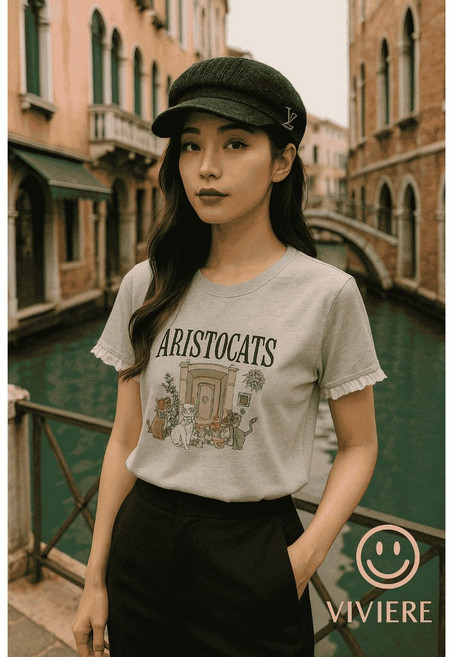 VIVIERE 韓國 ARISTOCATS 印花短袖T恤 蕾絲袖