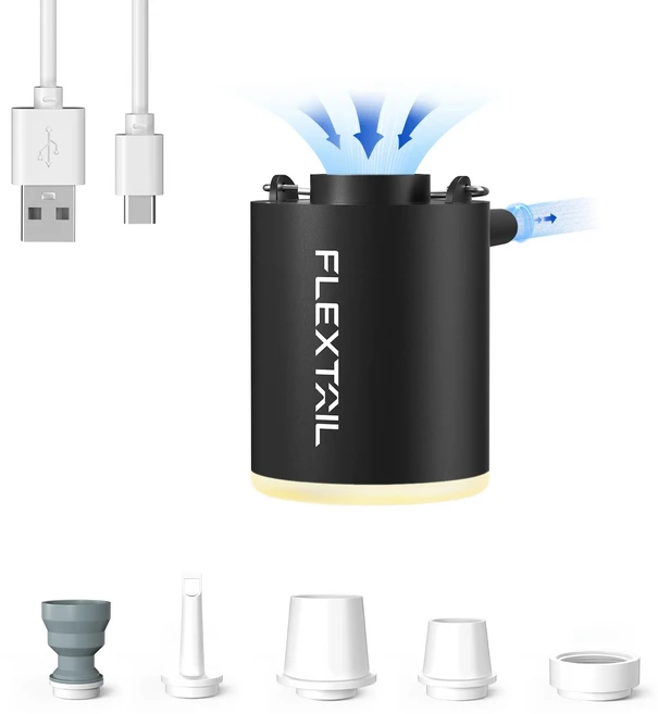 FLEXTAIL TINY PUMP 2 / 2X - 4kPa 전기 공기 펌프 침대용 휴대용 캠핑 펌프 슬리핑 패드 풀 플로트 진공 가방, Black with Light