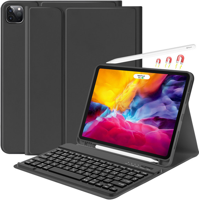 아이패드 전용 블루투스 키보드 케이스 S펜 수납 프리미엄 블루투스 키보드 다이어리 케이스 11인치, 블랙, 1개