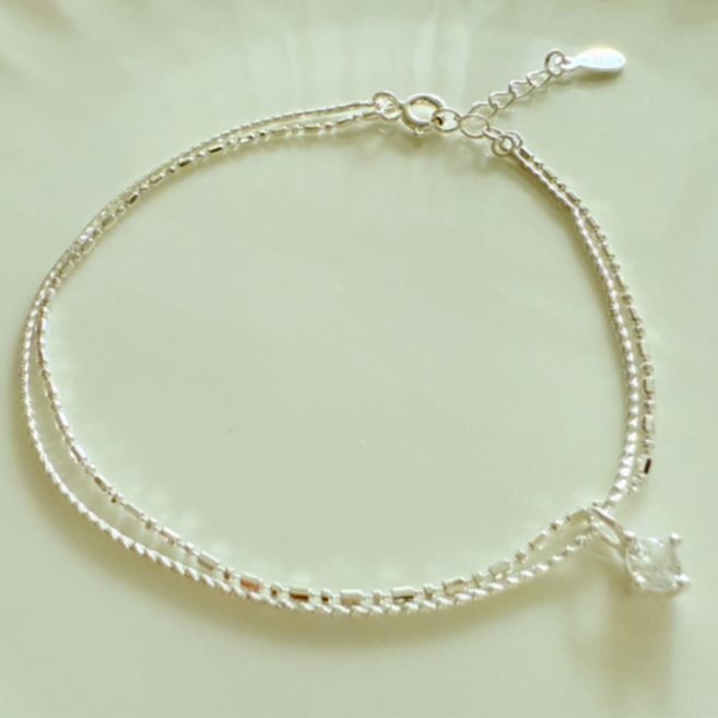 렝땅은세상 (Silver World) 실버 925 SILVER 4프롱 큐빅 두줄 체인 팔찌 은팔찌