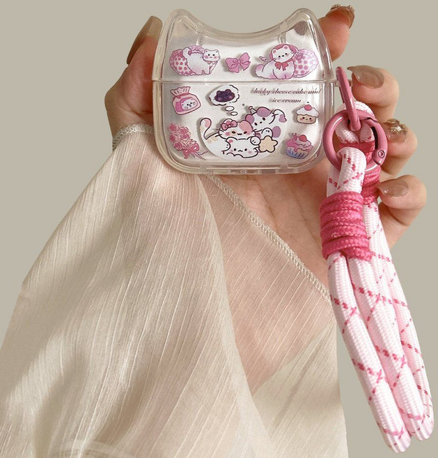 에어팟 프로3 케이스 고양이 귀 투명 실리콘 커버, 애플 에어팟 프로 2세대, 핑크 고양이 + 더블 핑크 버클 핑크 로프