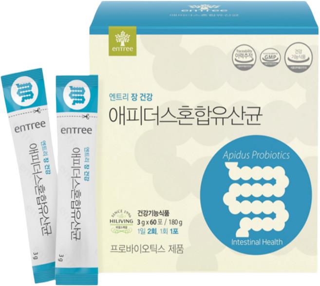 [리빙웰] 하이리빙 애피더스혼합유산균 프로바이오틱스 프리바이오틱스까지 장내 유해균의 억제 및 유익균의 증가 배변활동 원활에 도움, 60개, 3g