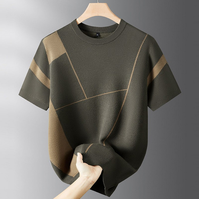 남성 니트 반팔 티셔츠 봄여름 캐주얼 배색 반팔티 패션 루즈핏 라운드 이너 스웨터 상의 LJX