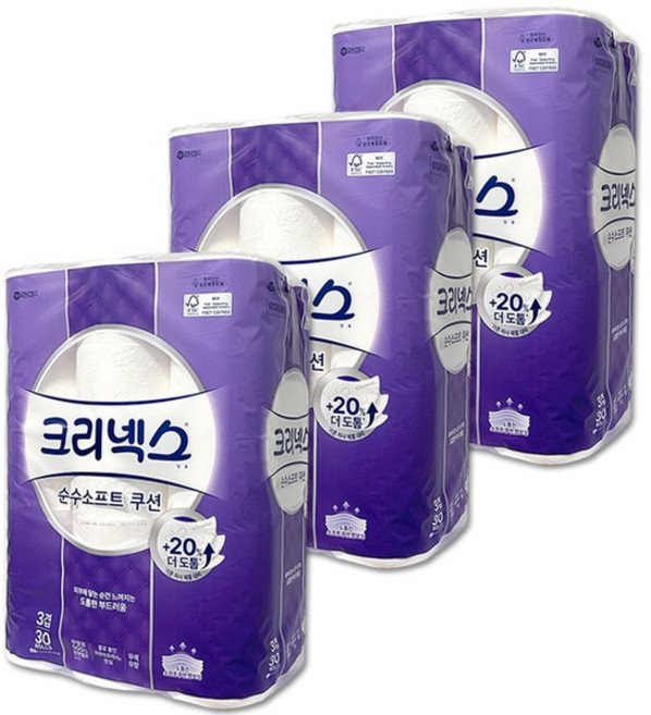 유한킴벌리 크리넥스 화장지 3겹 순수소프트쿠션 천연펄프 롤휴지, 1개, 30롤