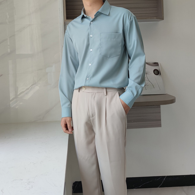 DFMEI 가을 시폰 다림질 남성 긴팔 화이트 셔츠 드레이핑 얼음 실크 슬립 Ins 홍콩 스타일 헤이즈 블루