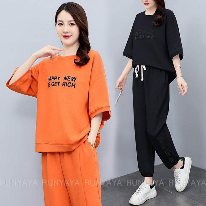 여성 트레이닝 운동복 상하의 빅사이즈 캐주얼 반팔 티셔츠 여성반팔티 밴딩조거팬츠 트레이닝세트 D99U