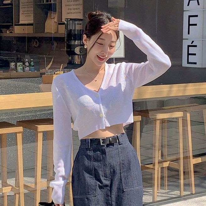 떳다그녀 에이브린 브이넥 크롭 골지 니트 슬림핏 긴팔 카디건 데일리룩 여름 투버튼 니트 가디건