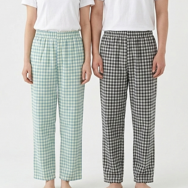 하바우 남여공용 시어서커 와이드 체크 잠옷바지 2종 세트