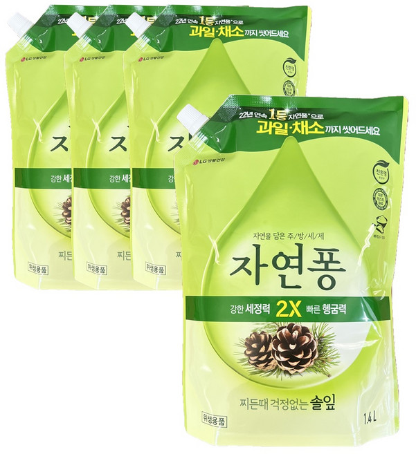 자연퐁 찌든때 걱정없는 솔잎 주방세제 리필 파우치형, 4개, 1.4L