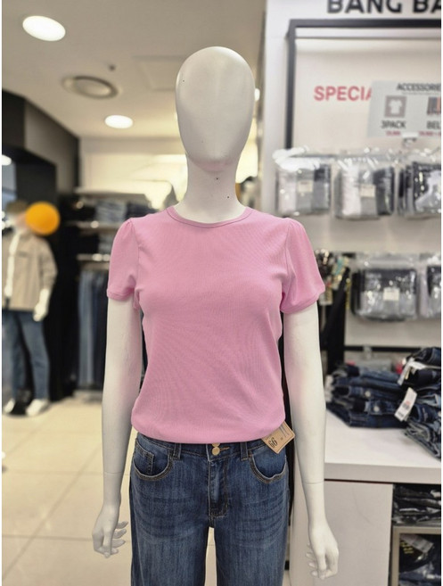 뱅뱅 여름 적극추천 여성 골지 퍼프소매 무지 라운드 반팔 티셔츠 NTL515