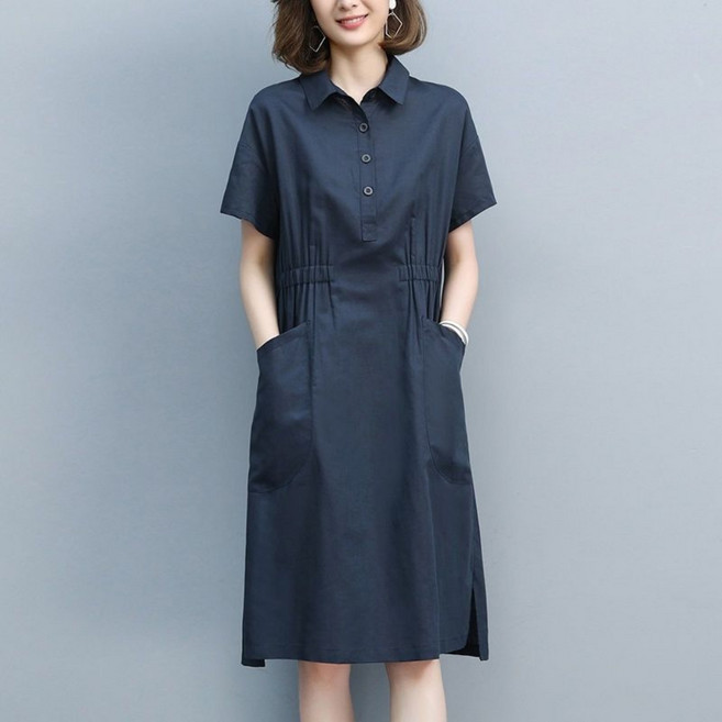 UNIQUEZON 여성 편안한 반팔 미디 원피스 루즈핏 중년 엄마 베이직 투 포켓 셔츠 원피스 여름