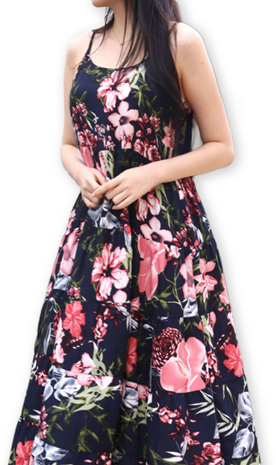 메리앤유 큰꽃패턴 5단 캉캉 끈 나시 원피스 휴양지 뷔스티에