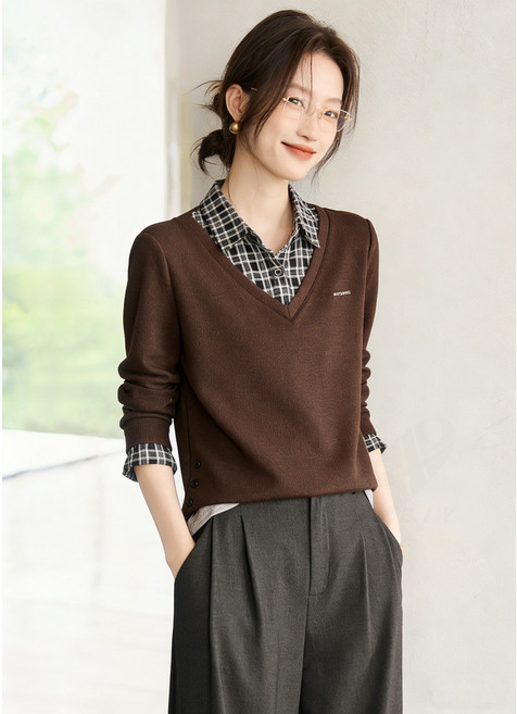 비아이와이 여성 오버핏 빈티지 스쿨 페이크 투피스 셔츠 칼라 맨투맨 D63