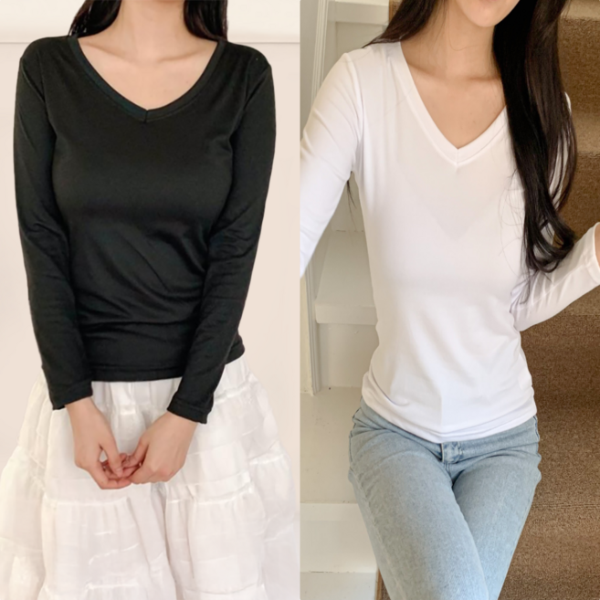 일월전빵 [당일배송] 2P 여성 데일리 슬림핏 이너 레이어드 긴팔티 긴팔티셔츠 간절기 봄 가을 기본티 B-C025-2