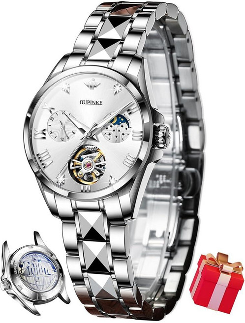 [빠른배송] OUPINKE 여성용 오토매틱 시계 럭셔리 다이아몬드 플라이휠 투톤 스테인리스 텅스텐 스틸 밴드 문 페이즈 24시간 L3195: 투톤 밴드 & 화이트 다이얼 럭