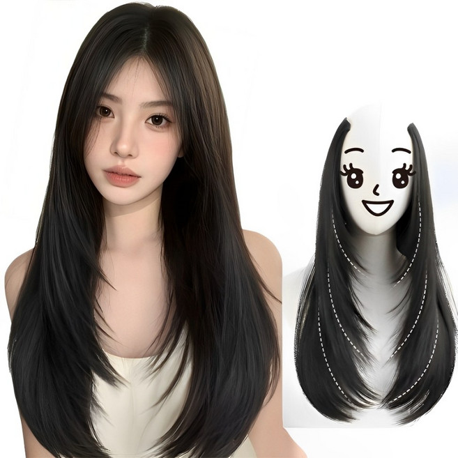웨젼 레이어드컷 헤어피스 C컬 똑딱이 일체형 긴머리 붙임머리 55cm, 1개, 내추럴블랙