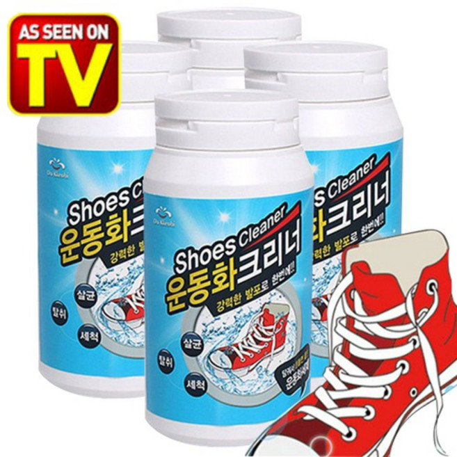 두꺼비 운동화 클리너 운동화 신발 세탁 세척 탈취 향균 세척 발포 초강력 세제 비닐팩 (크리너4통+계량스푼2개+비닐세탁기빨래방2개), 360g, 8개