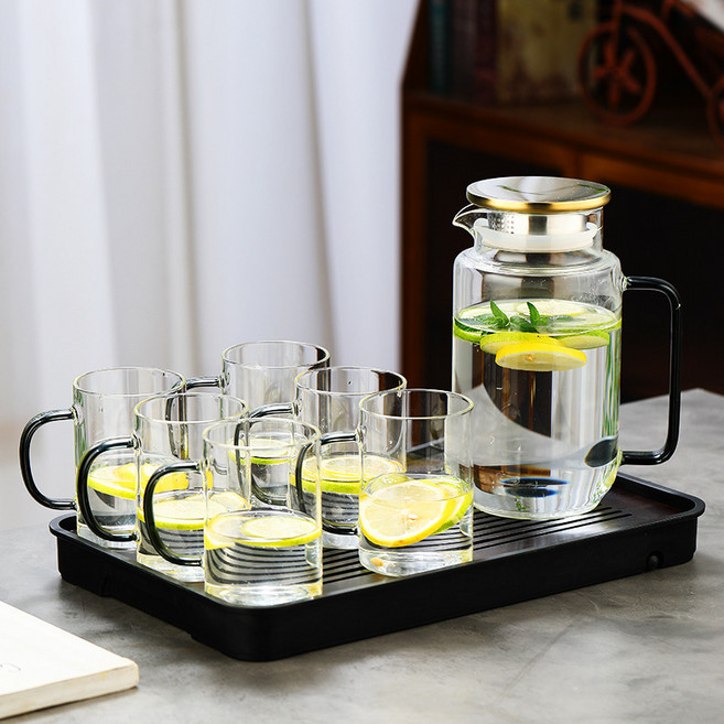 玻璃冷水壺 大容量 防爆耐熱, 檸泉壺1300ml 6杯 瀝水盤, 1套, 1300L