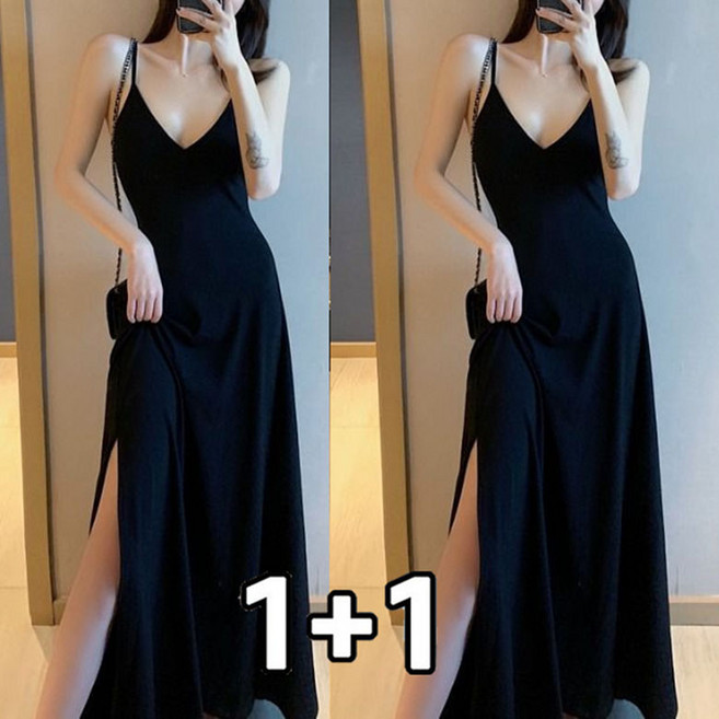 FANSYLI 1+1 끈나시 원피스 여성 롱 슬림 라인 원피스 루즈핏 캐주얼 바캉스 원피스 섹시 브이넥 트임 나시원피스 2종세트 데일리룩 X2505M29