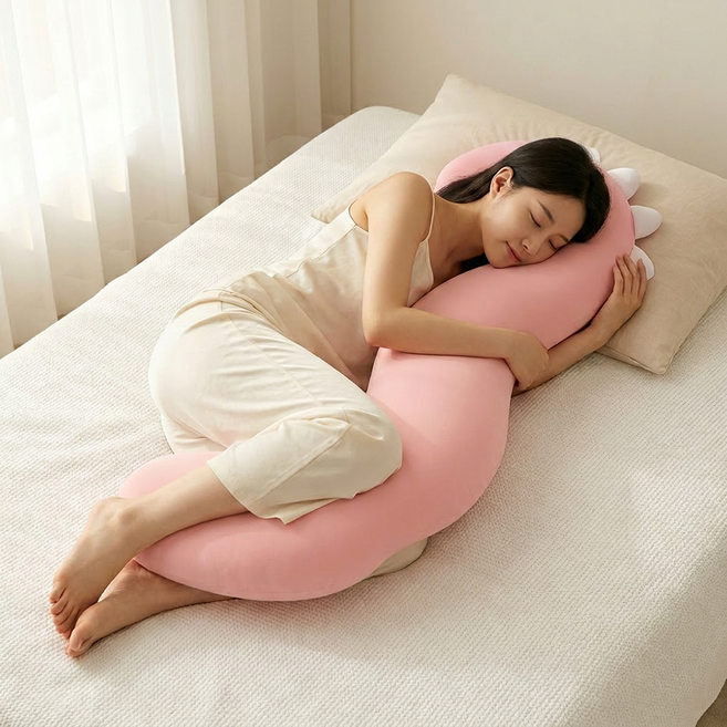 휴식숲 인체공학 S자 기린 메모리폼 냉감 바디필로우 대형 죽부인 롱쿠션, 베이비핑크