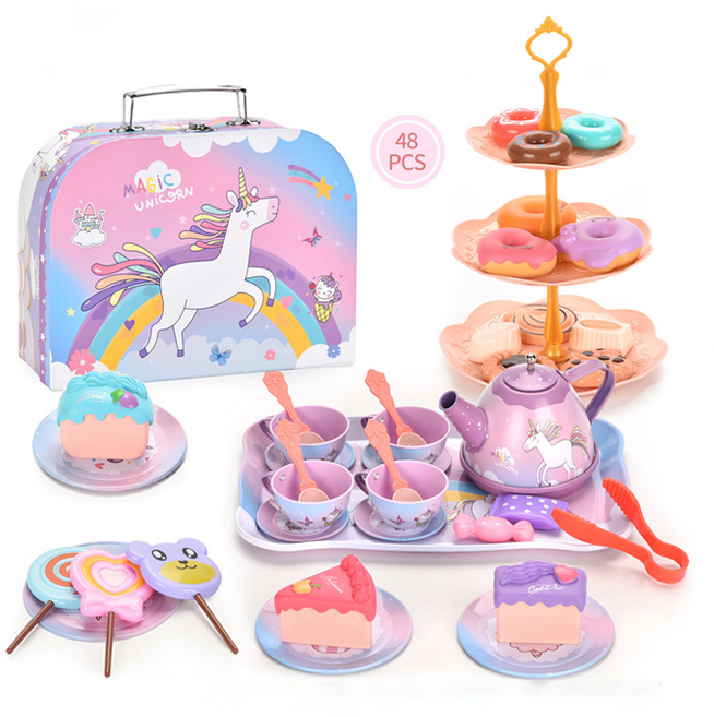 SUUNI [고품질 철 소재]매직 티파티 역할놀이 세트 어린이 소꿉놀이 티세트 역할놀이 장난감 손잡이 가방 선물세트, 1개, 유니콘