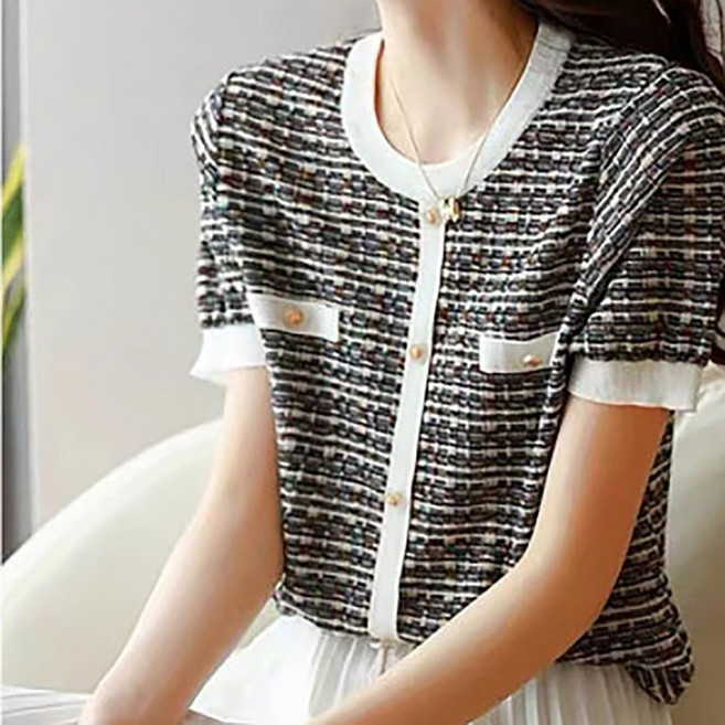 여성 여름 트위드 반팔 니트 하객룩 트위드블링버튼니트