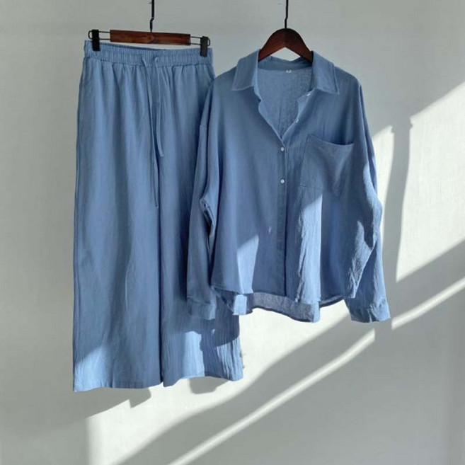 TIMEPURE 1+1 여름 가을 여성 캐주얼 셔츠+와이드 팬츠 여 2피스 와이드 면마 셔츠 세트 하이웨스트 편안한 통기 윗단추 디자인 빅포켓 솔리드 디자인 고급심플