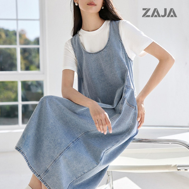 ZAJA 여성 멜빵 민소매 캐주얼 데님루즈핏롱원피스