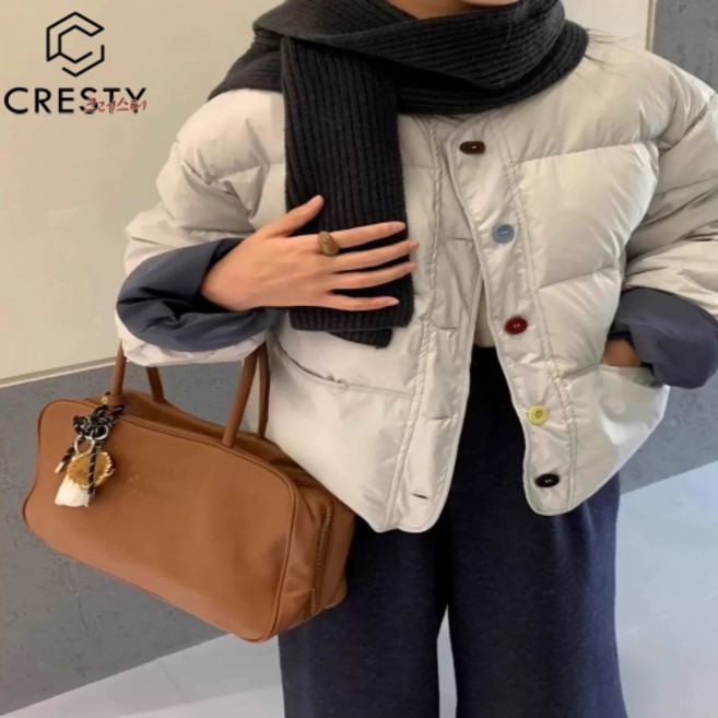 크레스티 겨울 여자 목도리 코트 베이직 라운드넥 버튼 패딩 자켓
