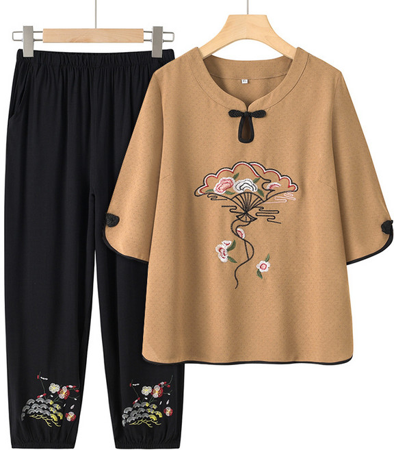 엘바리스 중년 여성 동양풍 에스닉 자수 포인트 상의 발목 밴딩 조거 팬츠 상하의 세트