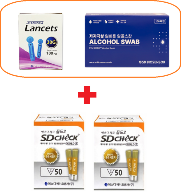 SD 체크골드2 시험지100매+채혈침100개+알콜솜100매 당뇨 혈당측정지 세트, 1세트, 100개입