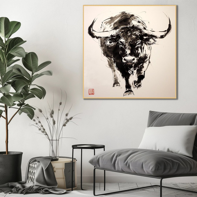 신원액자랜드 12간지 그림 동물 알루미늄 액자 액운 막이 방지 수맥 차단 부적 돈 들어오는 쥐 소 호랑이 토끼 용 뱀 말 양 원숭이 닭 개 돼지 십이간지 기념 풍수 인테리어 그림, 02.소(축), 04.80X80 (cm), 02.무광블랙 알루미늄액자