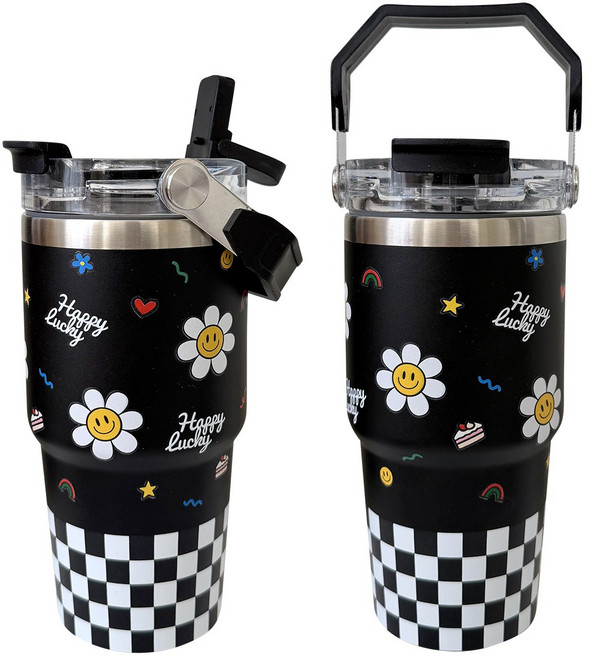 바이코코 스마일 데이지 보온 보냉 스텐 예쁜 손잡이 빨대 텀블러, 1개, 600ml, 블랙