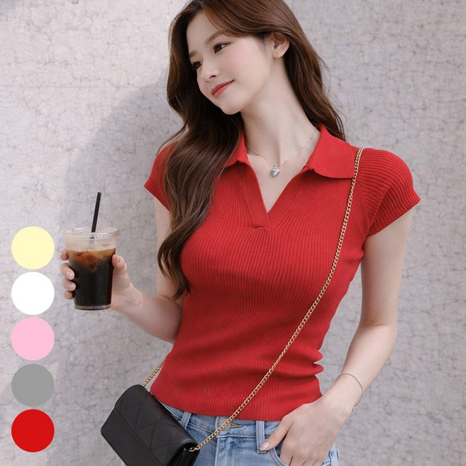 VERIT 세미 반팔 골지 티셔츠 무지 나시 캡 슬림핏 카라 브이넥 티 VT911